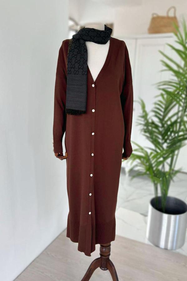 Maxi Boy Düğmeli Merserize Hırka - Kahverengi - Image 1