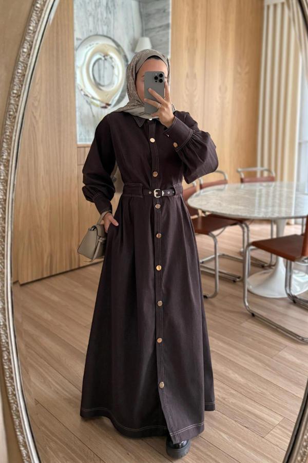 Manşet Detay Düğmeli Uzun Kot Elbise - Kahverengi - Image 1