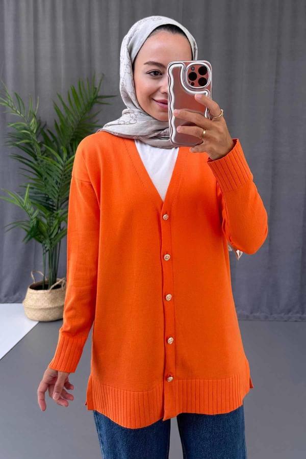 V Yaka Yandan Yırtmaçlı Merserize Hırka - Turuncu - Image 1