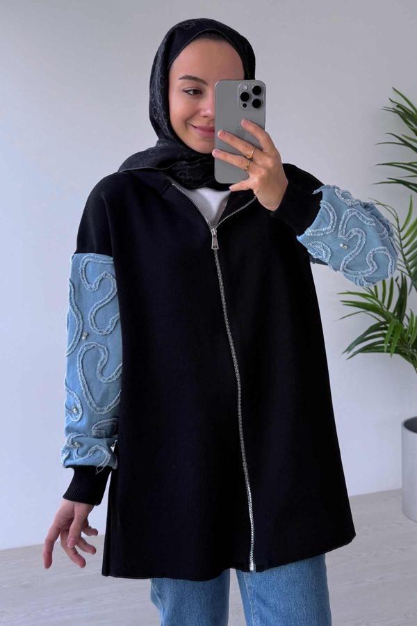 Kolları Kot Detaylı Triko Hırka - Siyah - Image 1