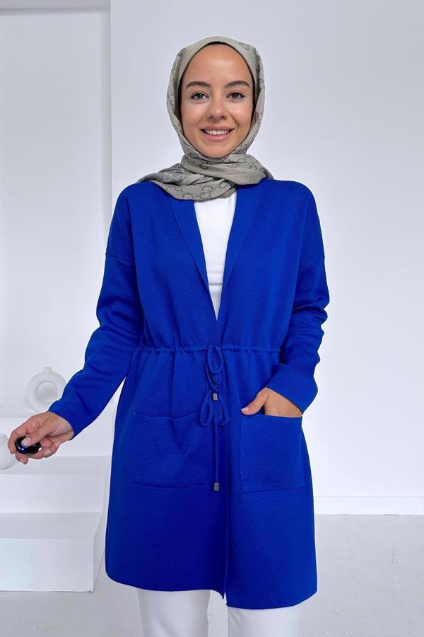 Belden Bağlamalı Çift Cep Merserize Hırka - Saks Mavi - Image 1