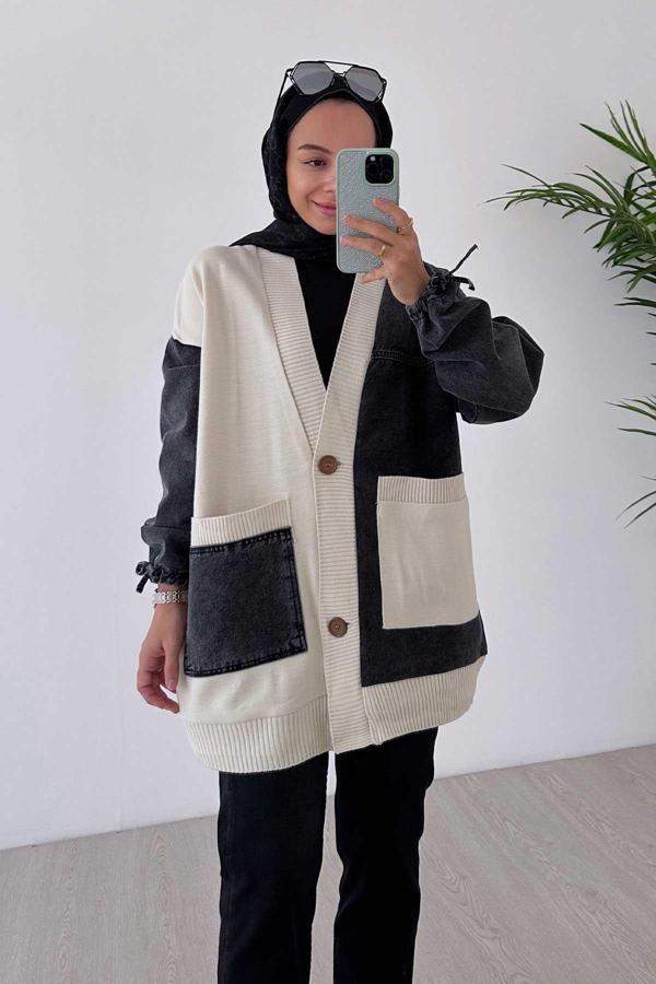 Çift Cep Tasarım Hırka - Siyah - Image 1