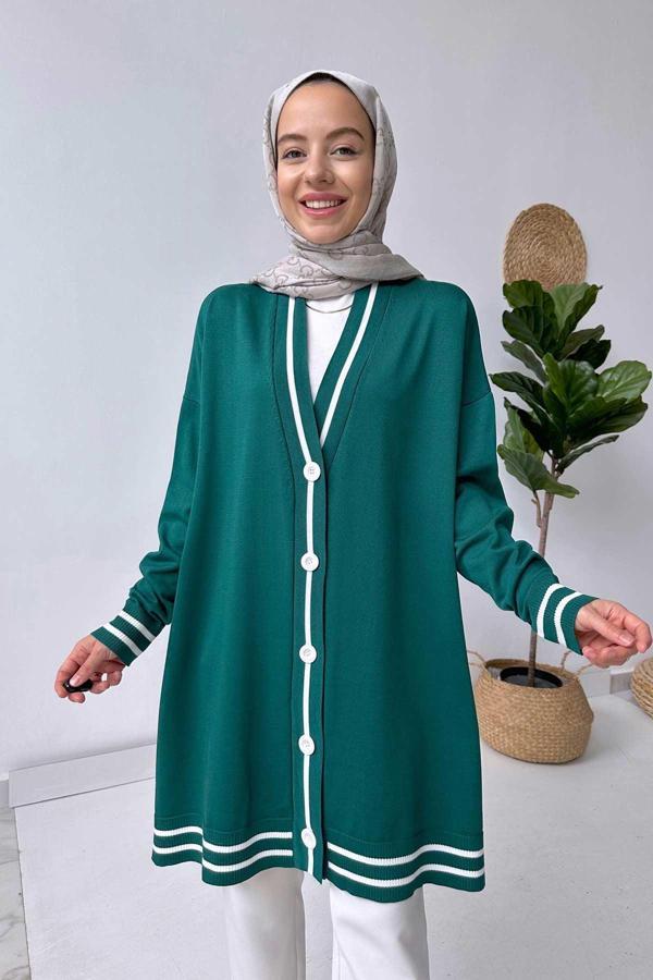 Çizgi Detay Düğmeli Merserize Hırka - Zümrüt - Image 1