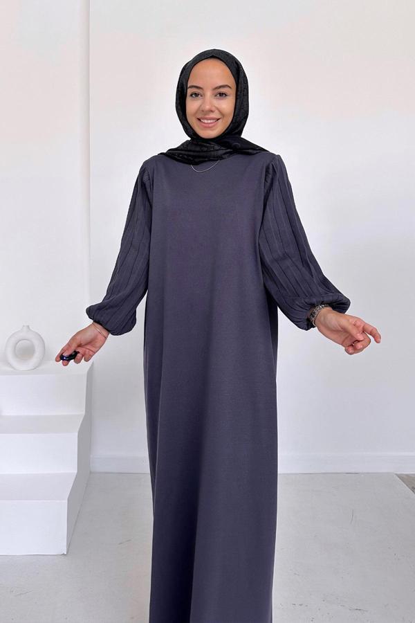 Balon Kol Merserize Elbise - Füme - Image 1