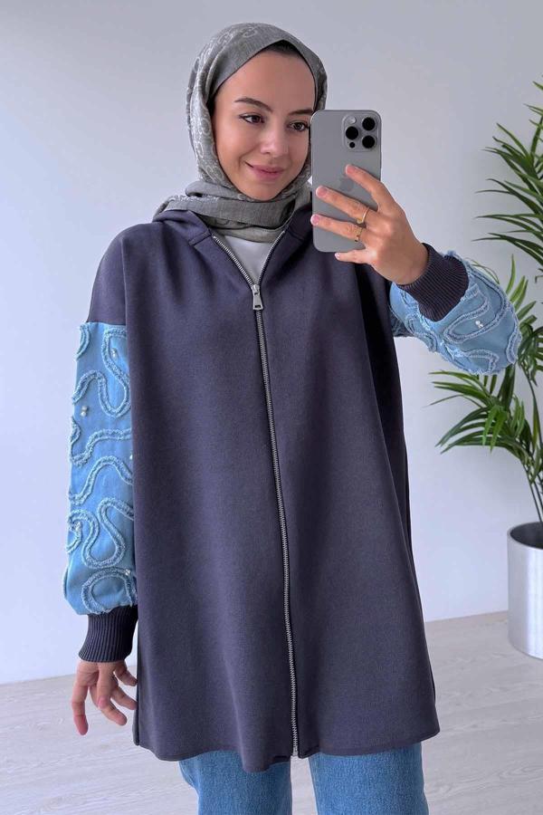 Kolları Kot Detaylı Triko Hırka - Füme - Image 1