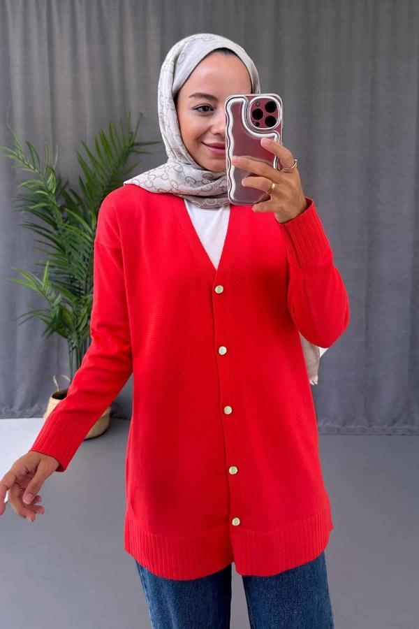V Yaka Yandan Yırtmaçlı Merserize Hırka - Kırmızı - Image 1