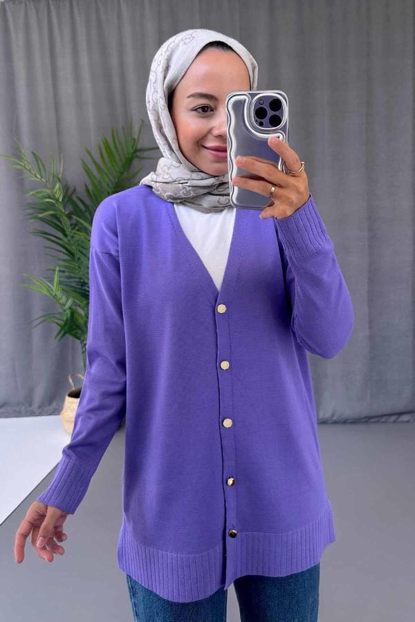V Yaka Yandan Yırtmaçlı Merserize Hırka - Lila - Image 1