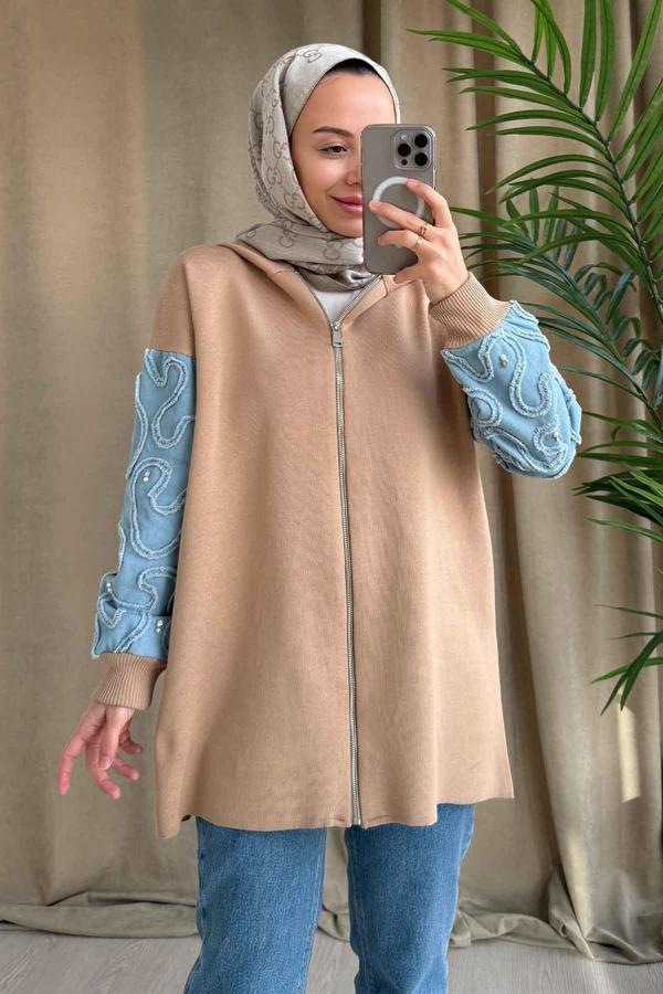 Kolları Kot Detaylı Triko Hırka - Camel - Image 1