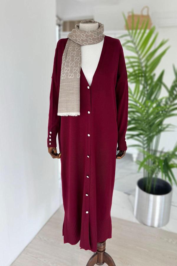 Maxi Boy Düğmeli Merserize Hırka - Bordo - Image 1