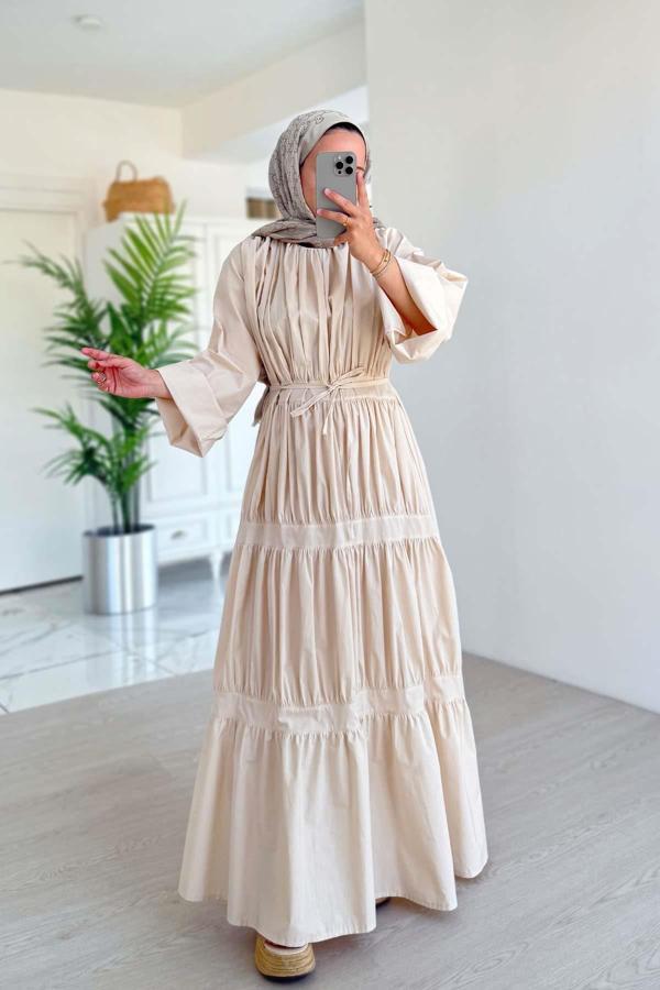 Bel Bağcıklı Kat Kat Elbise - Bej - Image 1