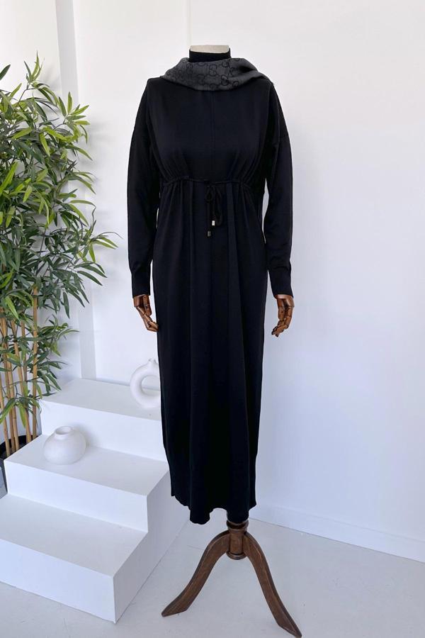 Beli Tünelli Merserize Elbise - Siyah - Image 1