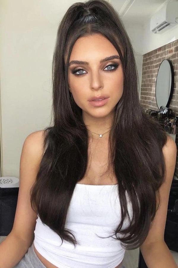 Isıya Dayanıklı Yıkanabilir Yarımay Çıt Çıt Saç-HT4A-Kahverengi-Düz-60 Cm-110 Gr+2 Adet Yan Çıt Çıt - Image 1