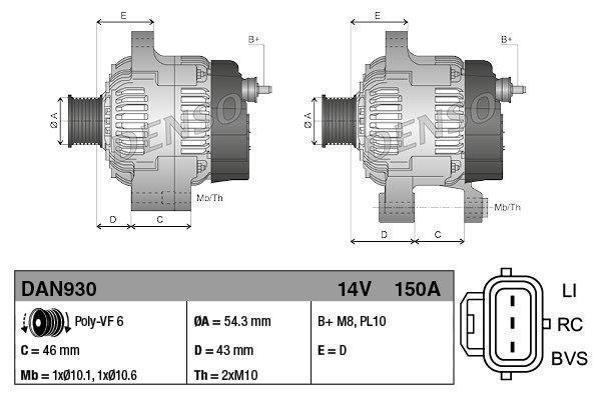 ALTERNATOR 12V (150A) FORD FIESTA V 04>08 FUSION 04>12 90PS FOCUS II 04>11 C MAX 03>11 1,6TDCI KUGA VOLVO C30 06>12 C70  - Image 1