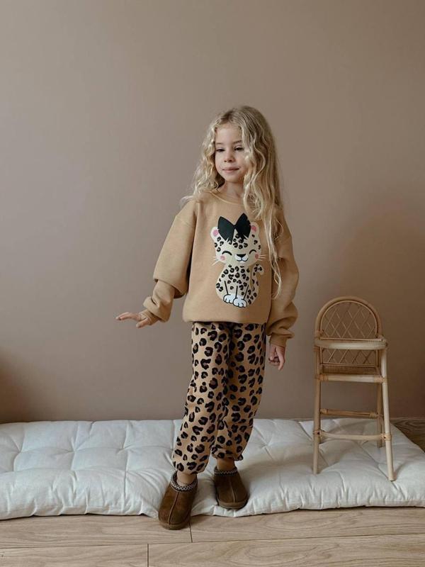 KIZ ÇOCUK KEDİ DESENLİ LEOPAR MODELLİ 3 İPLİK TAKIM - Image 1