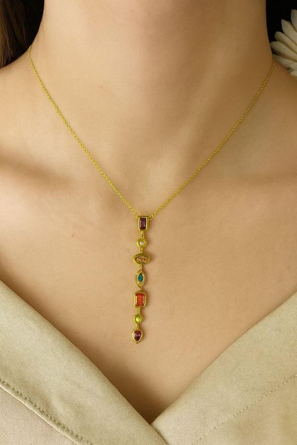 Gülnar Bijuteri 7 Element Y Kolye Gümüş Ve Gold Kaplama Çelik Zirkon Taşlı - Image 1