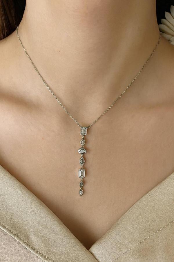 Gülnar Bijuteri 7 Element Y Kolye Gümüş Kaplama Çelik Zirkon Taşlı - Image 1