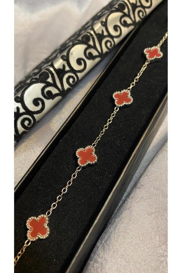 Gülnar Bijuteri V.C. Yonca Bordo Taşlı Gümüş Renk Çelik Bileklik - Image 1