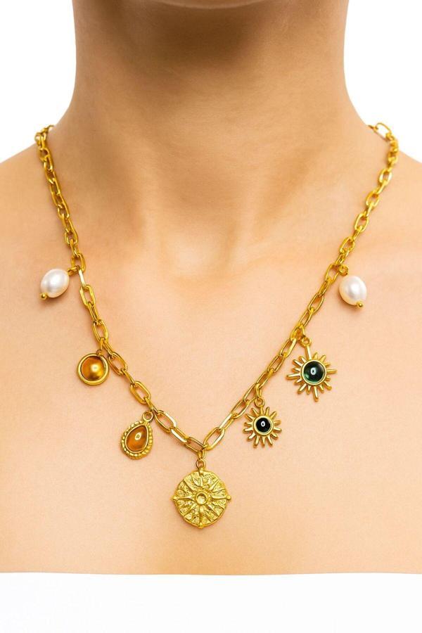 Gülnar Bijuteri Göz,Güneş,Damla,İnci Ve Madalyon Detaylı Bohem Charmlı Kolye (Çelik Gold) - Image 1