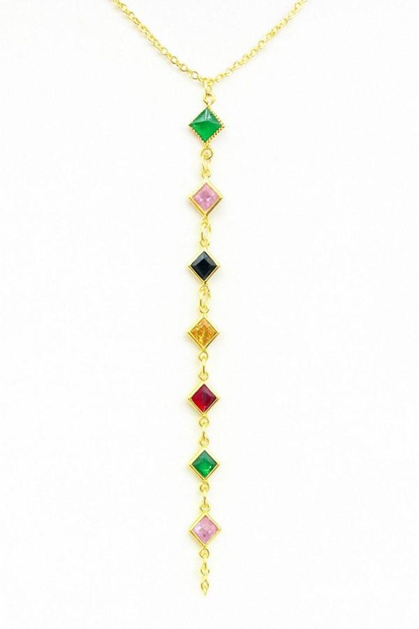 Gülnar Bijuteri Rengarenk Kare Zirkon Taşlı Y Kolye Gold Çelik - Image 1