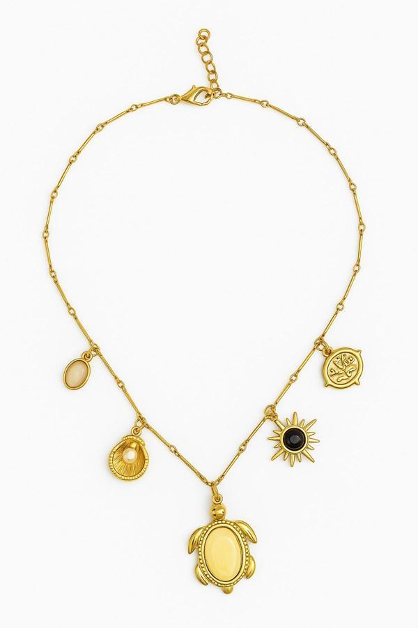 Gülnar Bijuteri Kaplumbağa,Deniz Kabuğu, Güneş, Madalyon Detaylı Bohem Şans Kolye (Çelik Gold) - Image 1