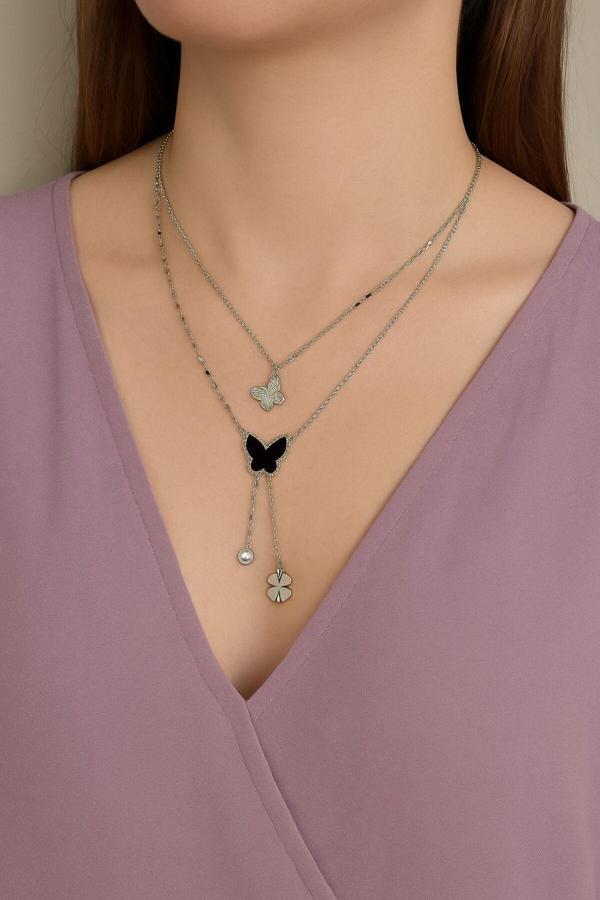 Gülnar Bijuteri Kelebek Ve Yonca Detaylı Zirkon Taşlı Çelik Kolye - Image 1