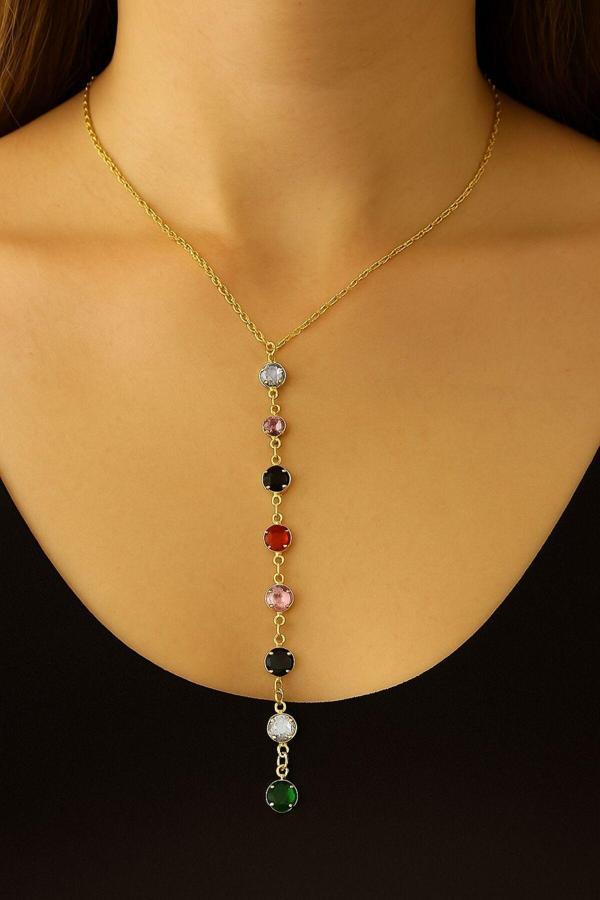 Gülnar Bijuteri Renkli Zirkon Taşlı Y Kolye Kararmaz - Image 1