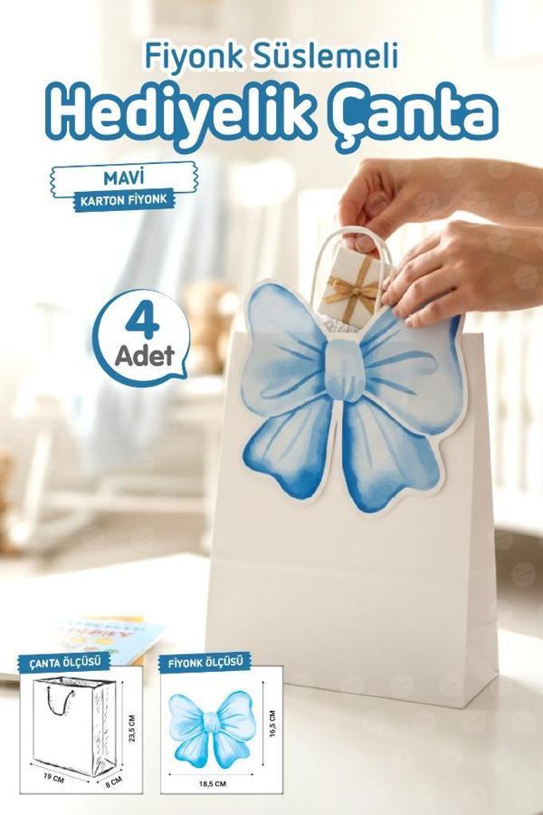 Burgu Saplı Karton Kurdeleli Çanta 4 adet Hediye Paketi Çanta Poşet (Mavi)doğum günü, düğün, bebek partisi-T1542 - Image 1