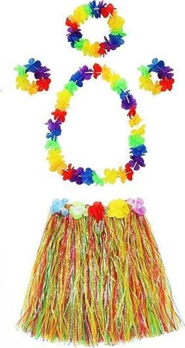 Yetişkin ve Çocuk Uyumlu Luau Aloha Hawaii  Kolye Renkli Etek Taç ve Bileklik Seti - Image 1