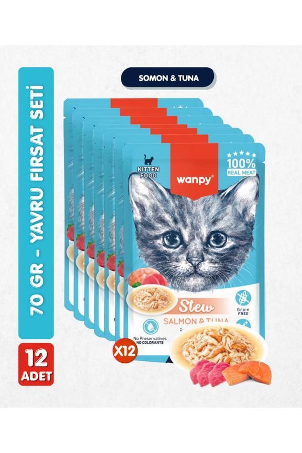 Wanpy 12Li Yavru Kedi Yaş Maması Somon & Ton Balıklı Premium Kalite 12 X 70 Gr - Image 1
