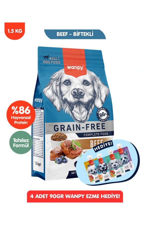 Wanpy Hediyeli Sığır Etli Tahılsız Yetişkin Köpek Maması 1,5Kg + 4Lü Köpek Yaş Mama 90Gr - Image 1
