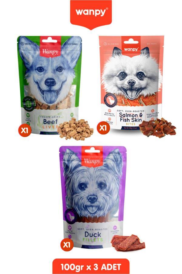 Wanpy 3Lü Köpek Ödülü Seti - Dana Ciğeri, Somon Dilimleri Ve Ördek Fileto Köpek Ödül Maması 100 Gr - Image 1