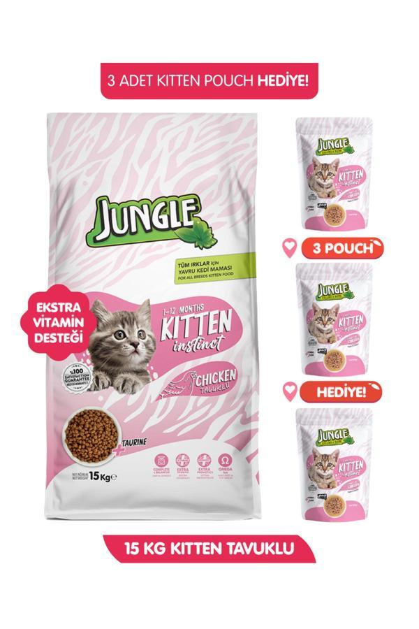 Jungle 15 Kg Yavru Kedi Maması Tavuklu Kitten Mama 3 Adet Kitten Pouch Hediyeli Ekstra Vitamin Destekli - Image 1
