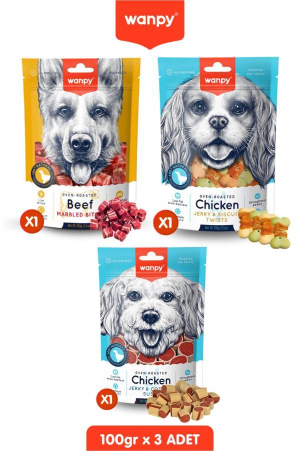 Wanpy 3Lü Köpek Ödülü Seti - Sargılı Bisküvi, Et Parçaları Ve Tavuk & Morina Köpek Ödül Maması 100Gr - Image 1