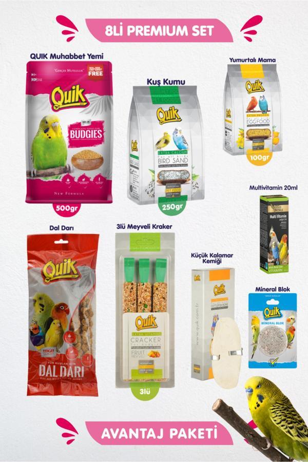 Quik 8Li Set - Muhabbet Kuşu Besin Vitamin Başlangıç Seti - Kraker Multivitamin Muhabbet Yemi Dal Darı - Image 1
