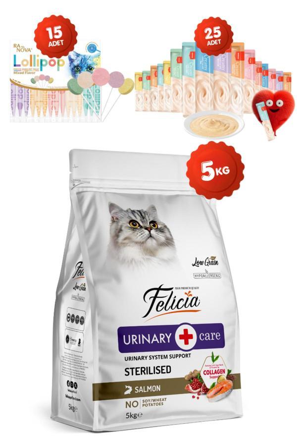 Felicia 5 Kg Somonlu Düşük Tahıllı Yetişkin Kısır Kedi Maması 25Li Kedi Ödülü Krema 15Li Lolipop - Image 1
