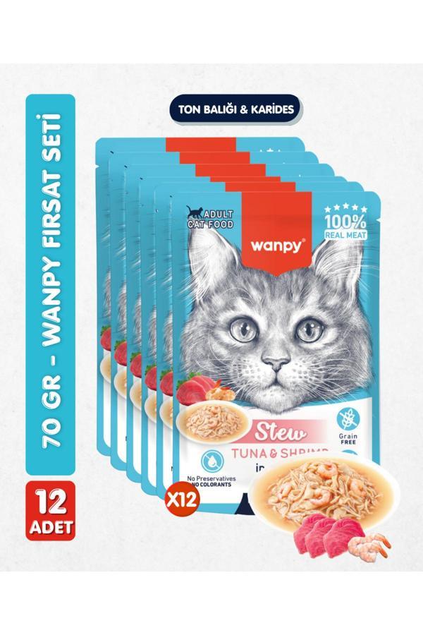 Wanpy 12Li Yetişkin Kedi Yaş Maması Ton Balığı & Karides Premium Kalite 12 X 70 Gr - Image 1