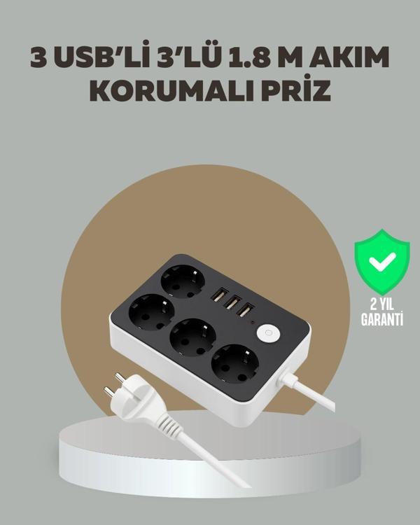 4 Prizli 3 USB Portlu Anahtarlı Akım Korumalı Priz - Image 1