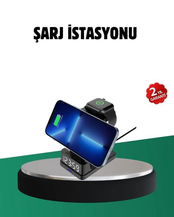Kablosuz Şarjlı Dijital Masa Saati – 3 Parlaklık Seviyeli LED Hızlı Şarj Apple Uyumlu - Image 1