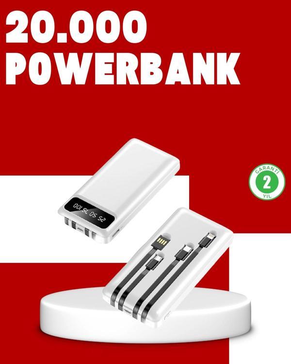 20.000mAh PD Powerbank LED Işık LCD Ekran Dahili Kablo Çoklu Giriş - Image 1