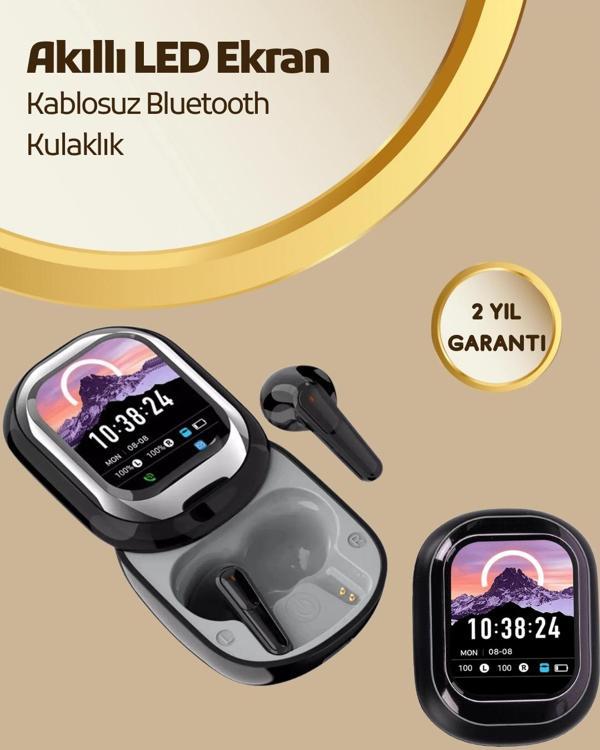 Akıllı Ekranlı Bluetooth 5.4 Kablosuz Kulaklık – Dokunmatik ve Şarj Kutulu - Image 1