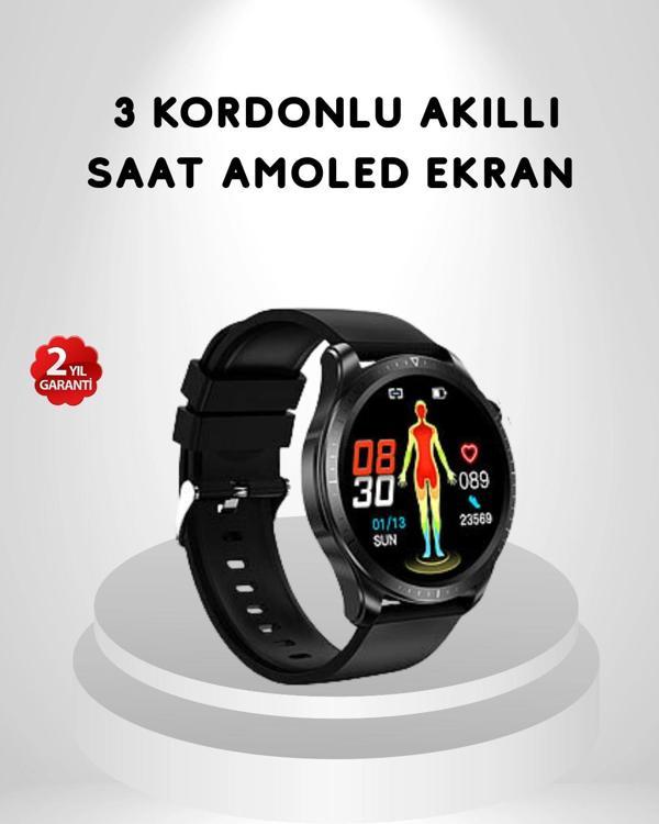 AMOLED Ekranlı Akıllı Saat – 3 Kordon Seçenekli Suya Dayanıklı Kalp Atış ve Uyku Takip Özellikli - Image 1