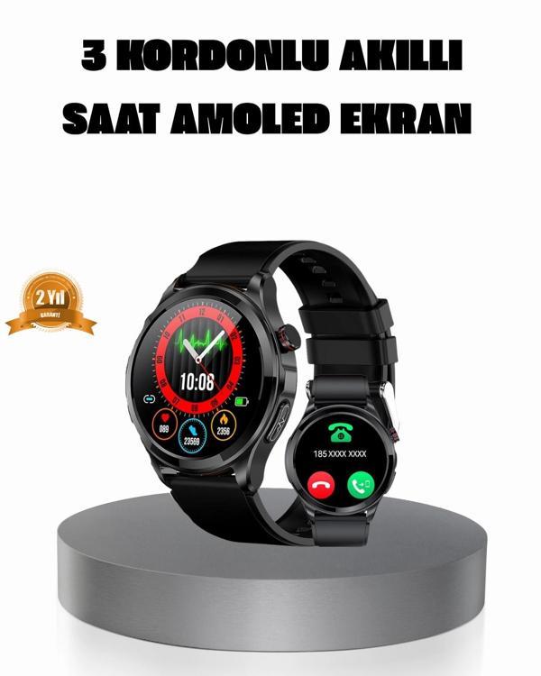 AMOLED Ekranlı Smartwatch – 3 Kordonlu Kalp Atış & Uyku Takipli Akıllı Saat - Image 1