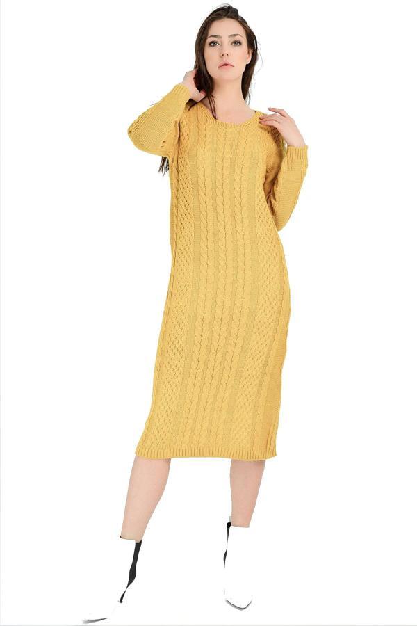 Sense Saç Örgü Uzun Trıko Elbise | Trk18281 Hardal - Image 1