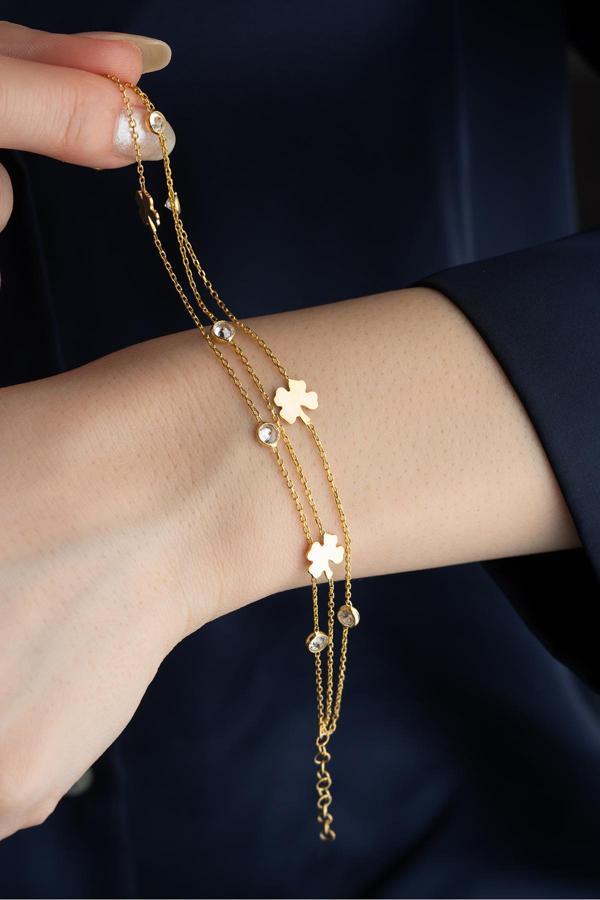 Silvano Jewelry 925 Ayar Gümüş 3 Sıra Yoncalı Taşlı Bileklik - Image 1