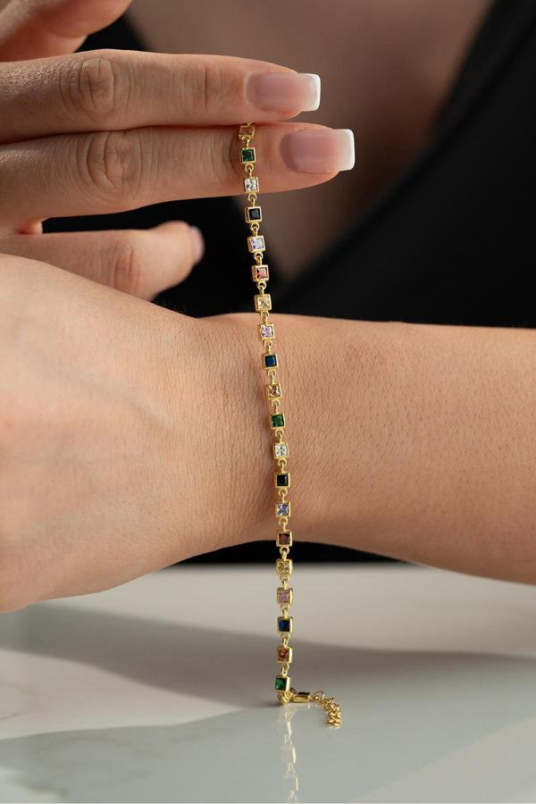 Silvano Jewelry 925 Ayar Gümüş Kare Renkli Taşlı Bileklik - Image 1