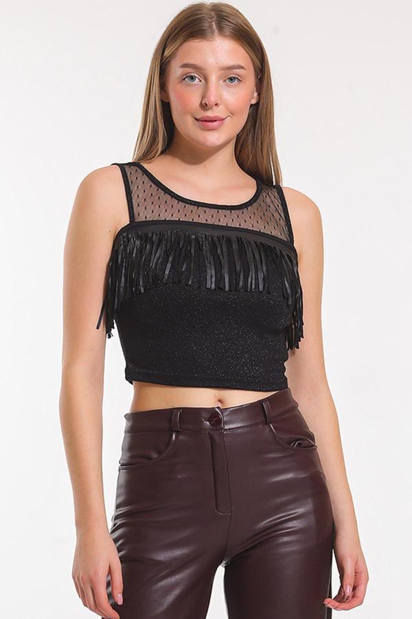 Sense Kısa Kollu Kolları Ve Onu Tul Garnılı Puskullu Bluz | Blz31220 Siyah - Image 1