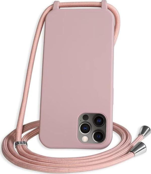 Teknomoda Apple Iphone 12 Pro Max Kılıf Içi Süet Korumalı Boyun Omuz Askılı Ipli Renkli Silikon Pembe(kum) - Image 1