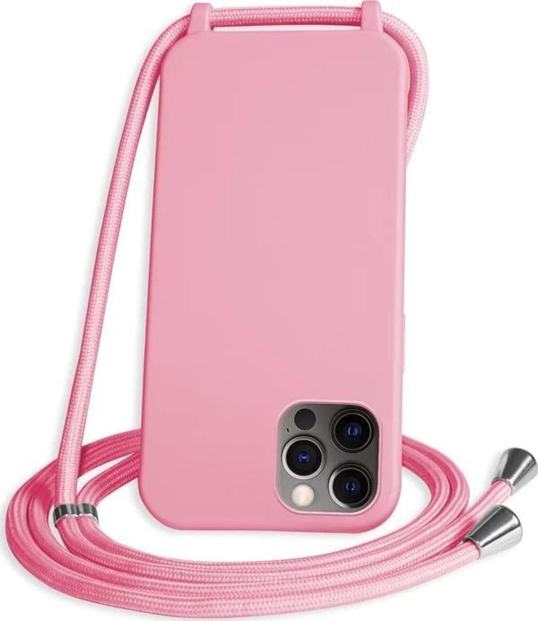 Teknomoda Apple Iphone 11 Pro Max Kılıf Içi Süet Korumalı Boyun Omuz Askılı Ipli Renkli Silikon Pembe(şeker) - Image 1