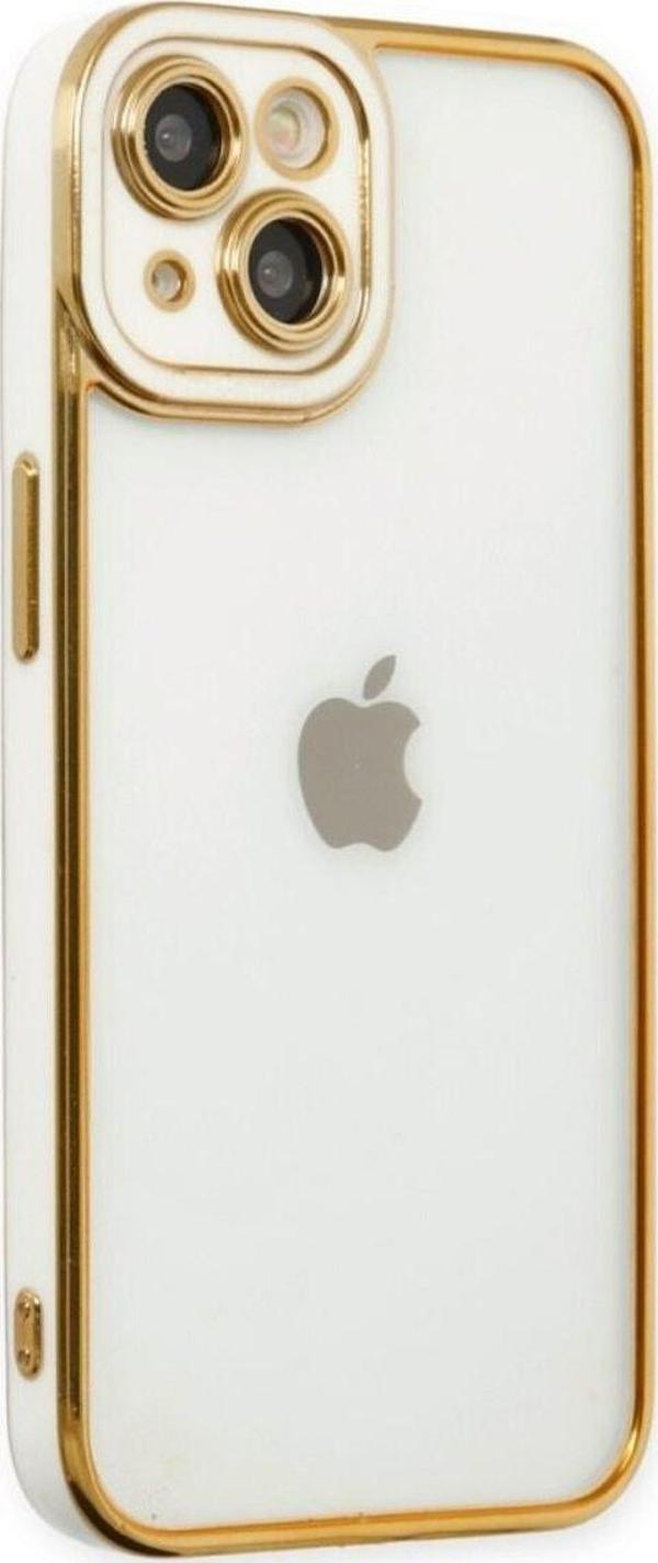 Teknomoda Apple iPhone 14 PLUS Kılıf Kamera Lens Korumalı Kenarları Renkli Gold Arkası Şeffaf Silikon - Image 1