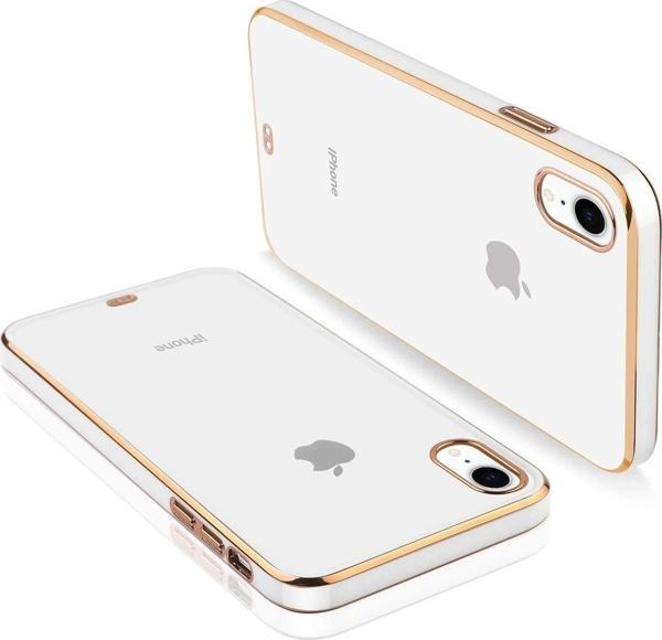 Teknomoda Apple iPhone XR Kılıf Kamera Lens Korumalı Kenarları Renkli Gold Arkası Şeffaf Silikon - Image 1